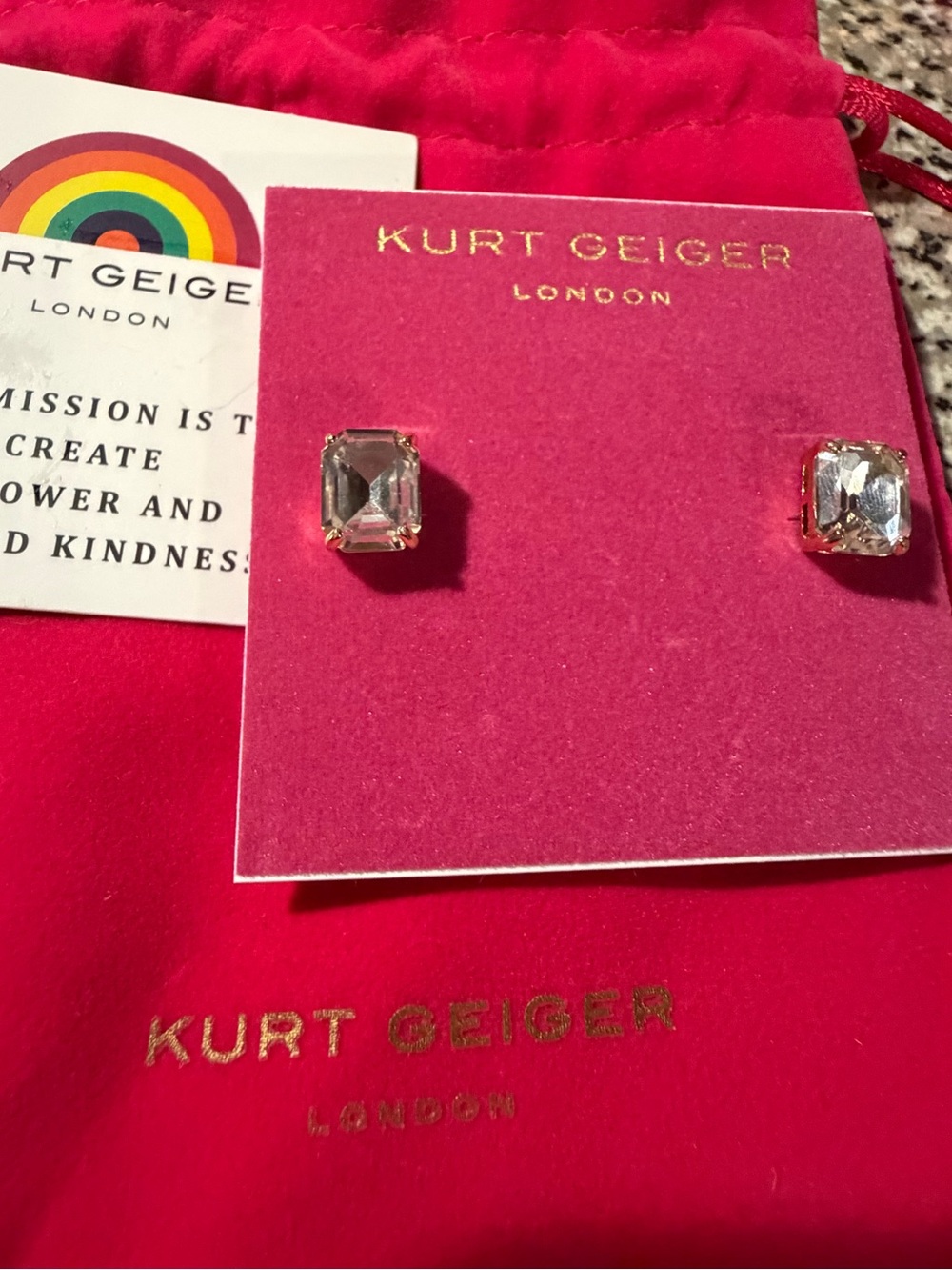 Kurt Geiger Gold Crystal Stud Earrings with Hot Pink Pouch